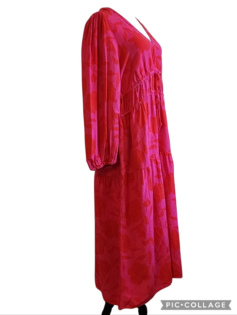Kate Spade Pink/Red Floral Linen Gathered Dress, Front Ties, Pockets, 3/4 Sleeve - Picture 5 of 14